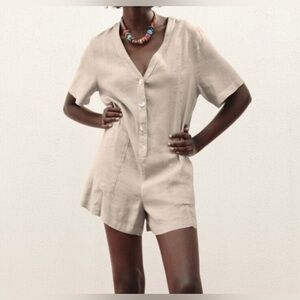 Zara Light Tan V-Neck Linen Cotton Romper • Small